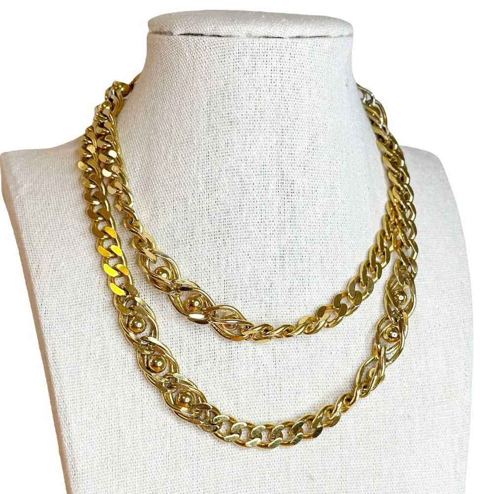 Trifari Signed Vintage Gold Tone Cuban Link Twisted Bead Long Necklace